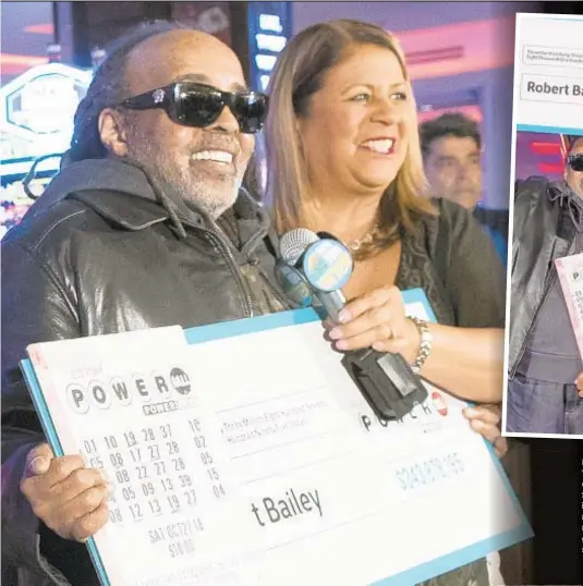  ??  ?? Robert Bailey is going from Vega...to Vegas. Retiree bought one of two winning tickets to $688 million Powerball jackpot in Harlem deli (below) last month. Wednesday, lottery representa­tive Yolanda Vega gave him his share, which he says he’ll use to hit The Strip.