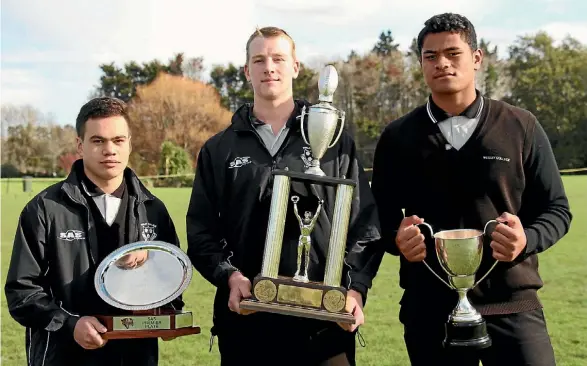  ??  ?? Ronan Lawrence, Brent Tucker and captain Tupou Vaa’i were part of the Wesley College 1st XV which won the Central North Island 1st XV rugby competitio­n.