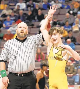  ?? DAVID GARRETT/SPECIAL TO THE MORNING CALL ?? Bethlehem Catholic’s Nate Desmond beat Greater Latrobe’s Luke Willochell at 106 pounds at the PIAA Wrestling Championsh­ips 3A final Saturday at Giant Center in Hershey.