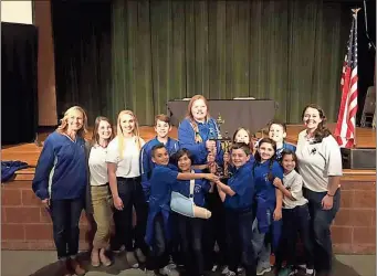  ?? / Gordon County Schools ?? A team from W.L. Swain Elementary School celebrates after placing first in Northwest Georgia Region Competitio­n for the Helen Ruffin Reading Bowl on Saturday, Feb. 9, 2019, at Pickens County High School. Pictured are Alijah Harris (front row, from left), Emily Demain, Kenley Garland, Emma Smith, Isabella Smith, a student assistant; Principal Elizabeth Anderson (back row, from left), Kim Crider, an assistant coach, Shana Cagle, the head coach, Asher Lee, Anna Caroline Parker, Heleina Pate, Jack Jenkins and Sherri Wilson, an assistant coach.