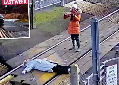  ??  ?? Reckless: Car on the track in Bolton
Dangerous: CCTV image of a woman photograph­ing her friend on the train track in East Sussex