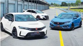  ?? ?? Three generation­s of turbocharg­ed Civic Type R: from left, new FL5, FK2 and FK8.