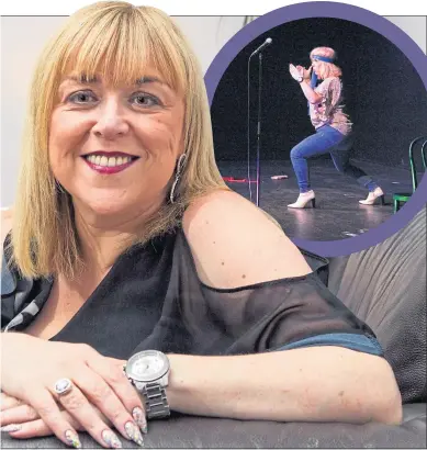  ??  ?? Comedian Carina Macleod at home in Glasgow last week and on stage at Websters Theatre
