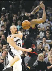  ?? ERIC GAY/ASSOCIATED PRESS FILE PHOTO ?? The Spurs’ Manu Ginobili, left, blocks Rockets guard James Harden’s 3-point attempt in the final seconds of overtime in Game 5 on May 9 in San Antonio. San Antonio figured a way to stop Houston’s players from baiting defenders into foul calls — keeping...