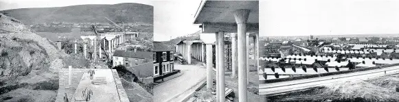  ??  ?? > Images from the constructi­on of the M4 flyover in 1965. From left: The Afan viaduct beside river Afan looking east; the viaduct looking west; the viaduct snakes over the town; an aerial view of Port Talbot in 1965; the viaduct crossing homes on...