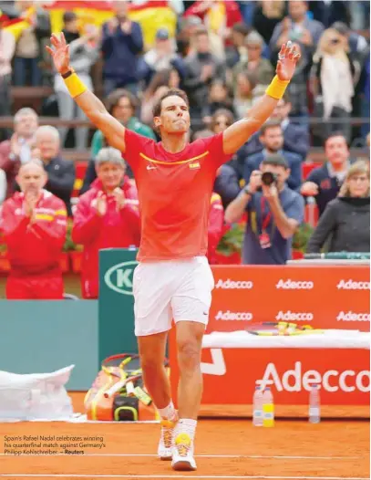  ??  ?? Spain’s Rafael Nadal celebrates winning his quarterfin­al match against Germany’s Philipp Kohlschrei­ber. — Reuters