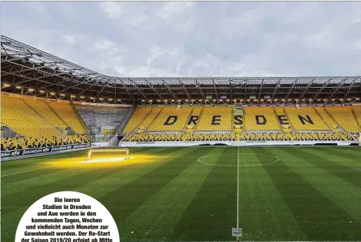  ??  ?? Die leeren Stadien in Dresden und Aue werden in den kommenden Tagen, Wochen und vielleicht auch Monaten zur Gewohnheit werden. Der Re-Start der Saison 2019/20 erfolgt ab Mitte Mai ohne Zuschauer. Großverans­taltungen sind bis 31. August verboten.
Der Bannstrahl, ohne Fans spielen zu müssen, könnte die Vereine also auch noch in der neuen Saison
treffen.