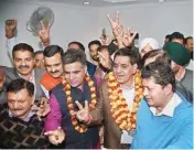  ??  ?? BJP leader Chander Mohan Gupta poses for a photograph after being elected as the new mayor of JMC in Jammu on Thursday