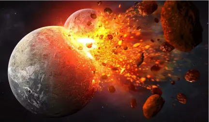  ??  ?? Below: Another planet slammed into Earth when it was young, an event thought to have formed the Moon