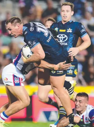  ?? WHOLEHEART­ED: Cowboys prop Scott Bolton takes on the Knights. Picture: EVAN MORGAN ??