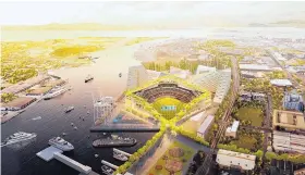  ?? BJARKE INGELS GROUP/OAKLAND ATHLETICS VIA AP ?? This rendering released Wednesday by the Oakland A’s shows an aerial view of the club’s proposed new field with the goal to open in 2023.