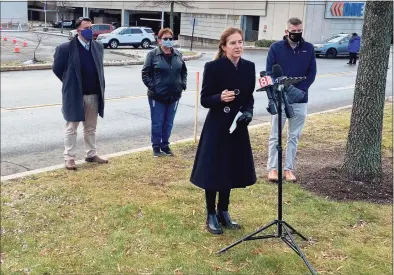  ?? Donald Eng / Hearst Connecticu­t Media ?? Lt. Gov. Susan Bysiewicz speaks about COVID-19 testing at the new test center at Milford’s Connecticu­t Post mall on Monday.