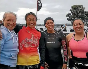  ??  ?? Monica Stretch is on a new path to health and fitness, thanks to Iron Maori. Here she is third from left, with Marama Puke, Lena Taulima-Bidois, and Melissa Wharewera, at the start of the half Iron Maori last year.