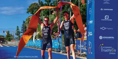  ?? BEN LUMLEY/TRIATHLON.ORG ?? Former Paralympic swimmer Dave Ellis and his guide Luke Pollard are favourites to break the tape in Tokyo and become the first pair to medal in a men’s Paralympic paratri visually-impaired category