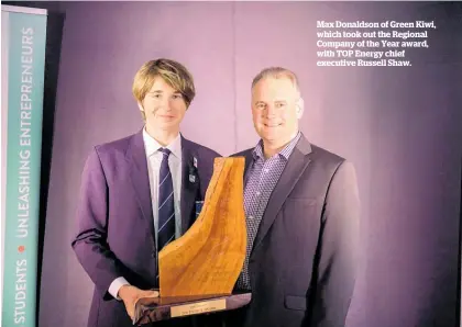  ??  ?? Kerikeri High School’s Rosie Robinson of Snackish with Ian Musson of Young Enterprise Trust.
Max Donaldson of Green Kiwi, which took out the Regional Company of the Year award, with TOP Energy chief executive Russell Shaw.