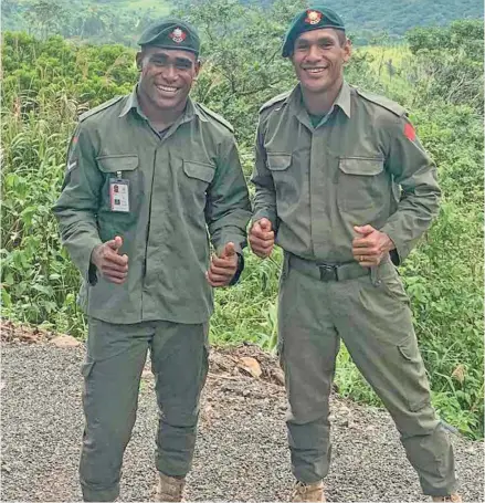  ?? Photo: ?? Fiji Airways Fijian 7s star winger Aminiasi Tuimaba (left) and Joape Nalatu in Nadarivatu.
Supplied