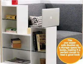  ??  ?? This one- seater sofa doubles as a storage space for books, making it a perfect corner to read a good book