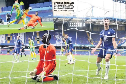  ??  ?? STINGING THE BLUES Chelsea are left gutted by Pereira’s second and Robinson chips Mendy, left, to finish off scoring