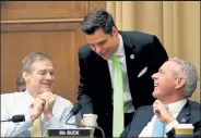  ?? Mark Wilson / Getty Images ?? From left to right, Rep. Jim Jordan, R-ohio, Rep. Matthew Gaetz, R-fla., and Rep. Ken Buck, R-colo., confer during a House Judiciary Committee markup vote on Capitol Hill April 3, 2019, in Washington, DC. On Friday, the House Ethics Committee announced it has opened an investigat­ion of Gaetz, citing reports of sexual and other misconduct by the Florida Republican.