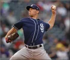  ?? PHOTO/DAVID ZALUBOWSKI ?? San Diego Padres starting pitcher Robbie Erlin works against the Colorado Rockies in the first inning of a baseball game on Tuesday, in Denver. AP