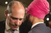  ?? CHRIS YOUNG/THE CANADIAN PRESS ?? Jagmeet Singh, new leader of the federal NDP, chose Quebec MP Guy Caron, left, to be parliament­ary leader in the House.