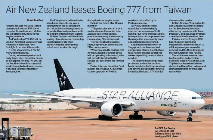  ??  ?? An EVA Air Boeing 777-300ER in Star Alliance livery. Air NZ is leasing an EVA plane.