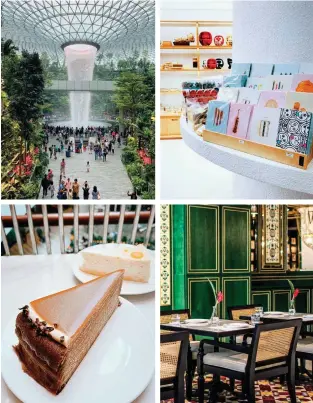  ??  ?? Clockwise from top left: Jewel Changi Airport’s centerpiec­e, the Rain Vortex; gifts on display at Supermama; inside Violet Oon Singapore; a salted caramel millecrepe at Lady M.