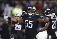  ?? MATT ROURKE - THE ASSOCIATED PRESS ?? Eagles defensive end Brandon Graham, celebratin­g during a game against the Giants last December, is ready to tackle whatever unusual circumstan­ces his 12th NFL season will throw at him.