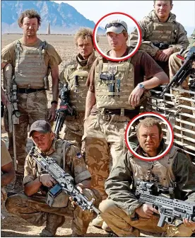  ??  ?? FRONT LINE: Harry, circled top, and Nathan Hunt, right, in Afghanista­n in 2008