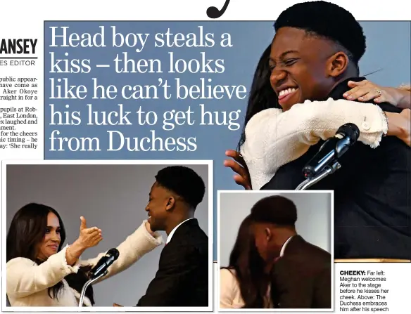  ??  ?? CHEEKY: Far left: Meghan welcomes Aker to the stage before he kisses her cheek. Above: The Duchess embraces him after his speech