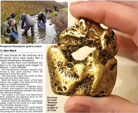  ??  ?? Prospects: Panning for gold in a burn
Precious: 22-carat ‘Reunion Nugget’ weighs in at 4.3oz