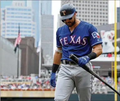  ?? HANNAH FOSLIEN / GETTY IMAGES ?? Texas’ Joey Gallo, who left Saturday’s game with left hamstring tightness, returned to be the Rangers’ designated hitter Sunday. He went 0 for 3 with two strikeouts, lowering his batting average to .192.