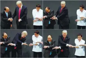  ??  ?? In this combinatio­n photo, Trump is surprised as he realises other leaders, including Vietnam's Prime Minister Nguyen Xuan Phuc and Duterte, are crossing their arms for the traditiona­l ‘Asean handshake’ as he takes part in the opening ceremony of the Asean Summit in Manila yesterday.