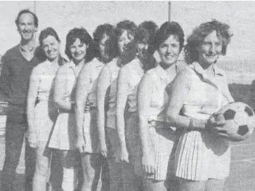  ??  ?? Coach Harry Wood was a huge influence throughout the netballing side during his coaching years, standing here alongside (from left) Stephanie Robinson, Marion Talbot, Heather Edney, Jane Caygill, Debbie Murphy, Vicky Ballantyne and Jenny Muir before the dynasty was to begin Neerim South.