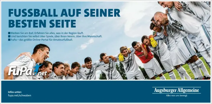  ??  ?? ■ Bleiben Sie am Ball. Erfahren Sie alles, was in der Region läuft.
■ Und berichten Sie selbst über Spiele, über Ihren Verein, über Ihre Mannschaft. ■ FuPa – das größte Online-Portal für Amateurfuß­ball. Infos unter: fupa.net/schwaben