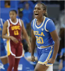  ?? MARCIO JOSE SANCHEZ — THE ASSOCIATED PRESS ?? UCLA guard Charisma Osborne celebrates after a defensive stop during the second half of the Bruins' victory over rival USC before a sellout crowd at Pauley Pavilion.
