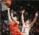  ?? Matt Gentry / Associated Press ?? Syracuse's Joseph Girard III (11) scores past Virginia Tech's Sean Pedulla (3) during the first half.