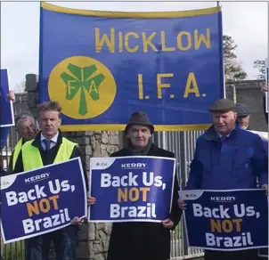  ??  ?? IFA Poultry Chairman Andy Boylan (centre) at the protest at Kerry Foods in Shillelagh.