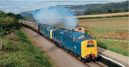  ?? Paul Senior ?? Deltics Nos. 55009 and 55019 turn on the power at Hails Abbey Halt on the Gloucester­shire Warwickshi­re Steam Railway working the 18.00 Toddington to Cheltenham service on August 19.