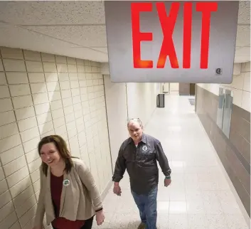  ?? LIAM RICHARDS ?? CUPE national representa­tive Ann Iwanchuk and CUPE Local 1975 president Craig Hannah leave a classroom in the Health Sciences Building on the U of S campus on Tuesday after addressing members.