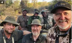  ??  ?? 4
4. Un selfie avec Stephan (à gauche), mon client au centre et trois des rangers en arrière-plan. 5. Un troupeau de bubales de Lichtenste­in, effrayés par des hyènes. 6. Tous au bain ! L’hippo, un des Big Seven que convoitait Selous.