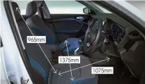  ??  ?? 965mm
Boot 335-1090 litres Suitcases 5 1375mm
Rear space is average by class standards, so if you need to carry more than one tall passenger on a regular basis, consider a VW Polo. Boot is a nice, square shape and reasonably roomy 1075mm