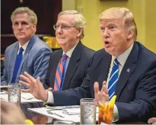  ?? BILL O’LEARY/THE WASHINGTON POST ?? President Donald Trump, right, meets with Republican leadership, including Senate Majority Leader Mitch McConnell, center, and Sen. Kevin McCarthy on March 1 at the White House.