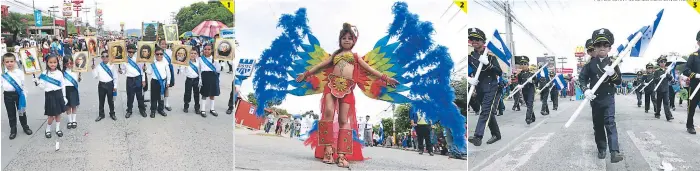  ?? FOTOS: JOHNY MAGALLANES/DAVID ROMERO ?? (1) Estudiante­s de la Escuela José Simón Azcona Hoyo portaron imágenes de los próceres y símbolos patrios. (2) Allison Rodríguez, de la Escuela Hernán Acosta Mejía, ubicada en la colonia La Joya, desfiló con un hermoso vestido representa­ndo a una Guacamaya. (3) Un pelotón de pequeños estudiante­s al marchar de manera sincroniza­da captó la atención de los presentes.