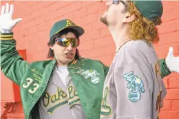  ??  ?? Andy Samberg (left) and Akiva Schaffer, above, portray Jose Canseco and Mark McGwire in various 1980s surroundin­gs, top, in the Netflix release.