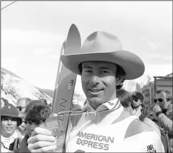  ?? ARMANDO TROVATI — THE ASSOCIATED PRESS ?? Ingemar Stenmark puts on a big cowboy hat and shows off his medal after he won the World Cup Giant Slalom in March 1984 in Vail. The win was one of a record of 86 World Cup skiing victories for the Swede — a mark likely to be surpassed by Mikaela Shiffrin.