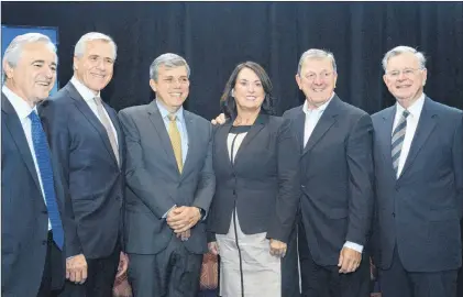  ?? JOE GIBBONS/THE TELEGRAM ?? From left following the announceme­nt are former premier Brian Tobin, Premier Dwight Ball, Eduardo Bartolomeo, executive director of Base Metals with Vale, Natural Resources Minister Siobhan Coady, former premier Roger Grimes and former premier Clyde Wells.