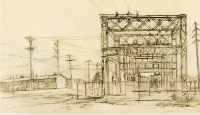  ??  ?? Left, Playboy Marfa, 2013; photo Kathleen Shafer; right, Rackstraw Downes: Downtown Marfa Substation, Looking East, 2003; graphite on paper; courtesy the artist and Betty Cuningham Gallery