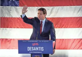  ?? BRYON HOULGRAVE/AP ?? Republican presidenti­al candidate Florida Gov. Ron DeSantis speaks during a rally with Iowa Gov. Kim Reynolds on Monday in Des Moines.