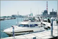  ?? ?? A luxury yacht on display at the Steelpoint­e Yacht and Charter Show in Bridgeport on Friday.